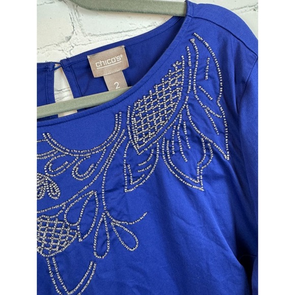 CHICO'S royal blue cotton stretch beaded top blouse tunic size 2 12 L - Picture 3 of 9